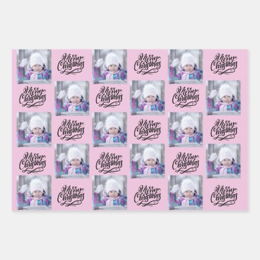 Vrolijk kerstfeest Aangepaste foto Roze set van 3 Inpakpapier Vel (Voorkant)