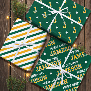 Vrolijk Kerstfeest Aangepaste Naam Monogram Groen  Inpakpapier Vel