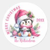 Vrolijk Kerstfeest Aangepaste Witte en Roze Schatt Ronde Sticker (Voorkant)