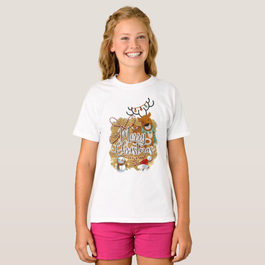Vrolijk Kerstfeest afbeelding Meisjes basic T.Shir T-shirt (Voorkant volledig)