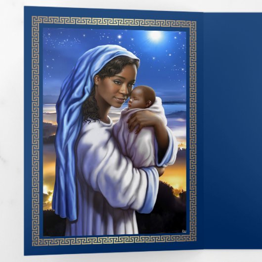 Vrolijk kerstfeest. Afrikaanse Amerikaanse nativit Drieluik Wenskaart (Binnenzijde eerst)