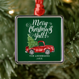 Vrolijk kerstfeest Alle Red Truck Green Square Metalen Ornament