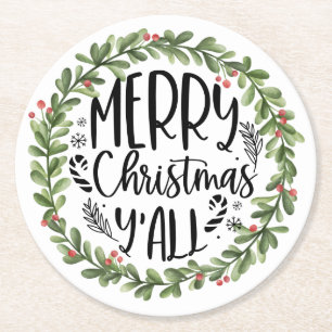 Vrolijk kerstfeest Alle Waterverf Wreath Ronde Kartonnen Onderzetter