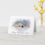 Vrolijk kerstfeest als schuur in sneeuwvlokken kaart (Gele Bloem)