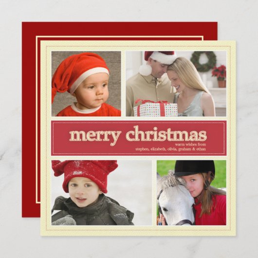 Vrolijk kerstfeest Antiek en Rood 4 Fotogroet Feestdagenkaart (Voorkant / Achterkant)