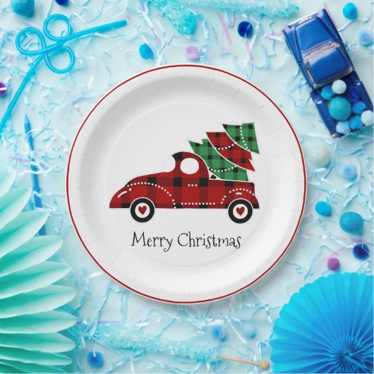 Vrolijk kerstfeest Antiek Red Truck Holiday Papieren Bordje (Feest)