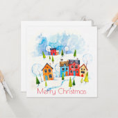 Vrolijk Kerstfeest aquarel besneeuwde township Kaart (Voorkant / Achterkant in situ)