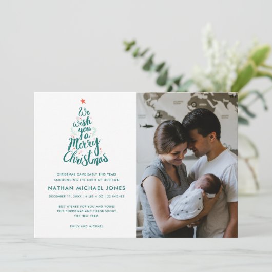 Vrolijk Kerstfeest Baby Geboortefoto Vakantie Kaar Feestdagenkaart (Staand voorkant)