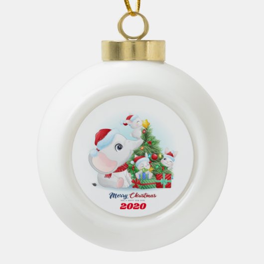 Vrolijk kerstfeest Baby, olifant en Bunnies Keramische Bal Ornament (Voorkant)