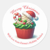Vrolijk Kerstfeest Bakkerij Cupcake Rood Groene St Ronde Sticker (Voorkant)