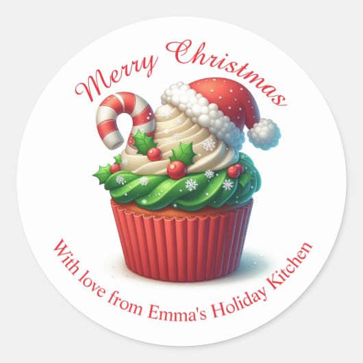 Vrolijk Kerstfeest Bakkerij Cupcake Rood Groene St Ronde Sticker (Voorkant)