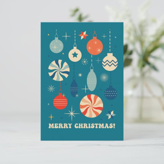 VROLIJK KERSTFEEST BAUBLES RETRO BEDANKKAART (Staand voorkant)