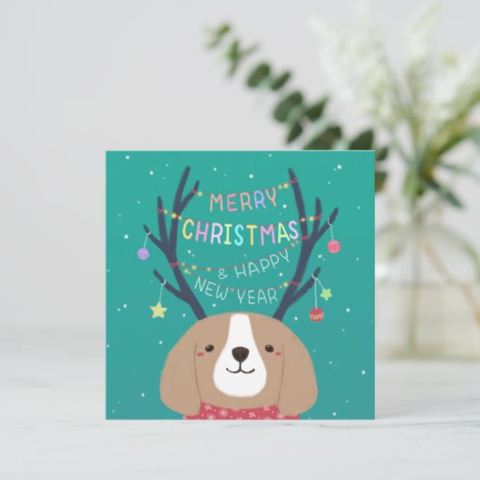 Vrolijk Kerstfeest: Beagle Illustratie Kunst Feestdagenkaart (Staand voorkant)