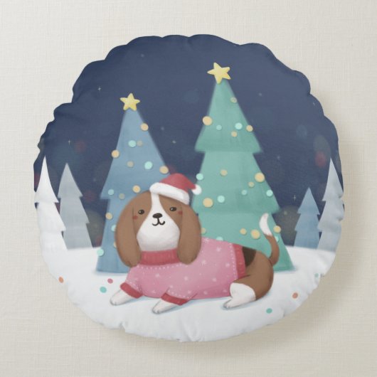 Vrolijk Kerstfeest: Beagle Illustratie Kunst Rond Kussen (Voorkant)