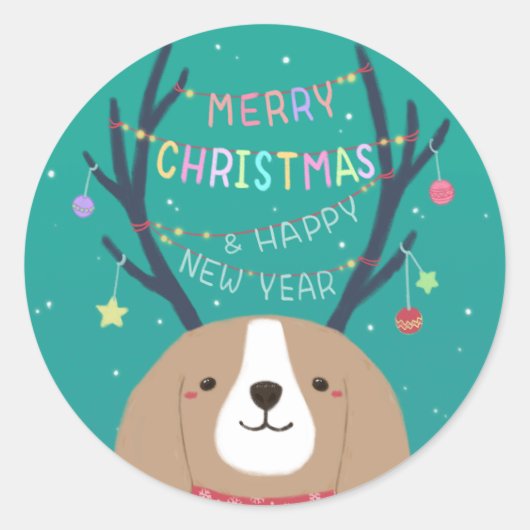 Vrolijk Kerstfeest: Beagle Illustratie Kunst Ronde Sticker (Voorkant)