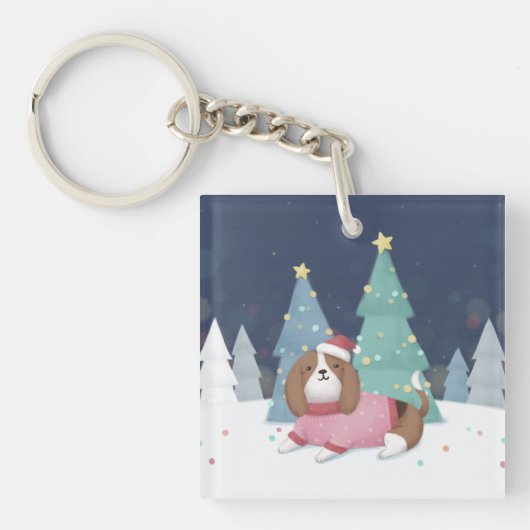 Vrolijk Kerstfeest: Beagle Illustratie Kunst Sleutelhanger (voorkant)