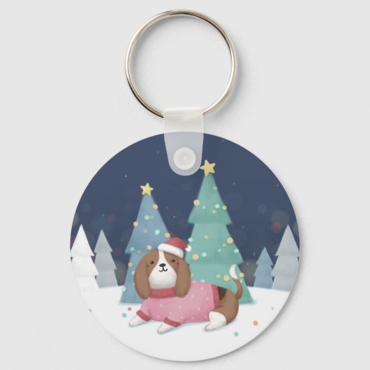 Vrolijk Kerstfeest: Beagle Illustratie Kunst Sleutelhanger (Voorkant)