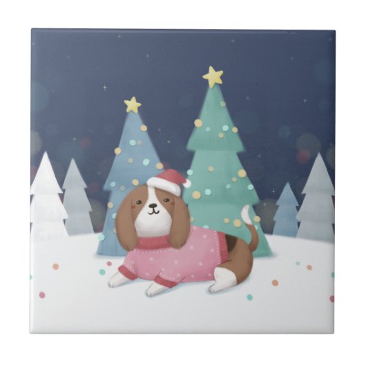Vrolijk Kerstfeest: Beagle Illustratie Kunst Tegeltje (Voorkant)