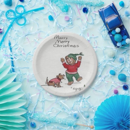 Vrolijk kerstfeest Beer Geniet van sneeuw Papieren Bordje (Feest)