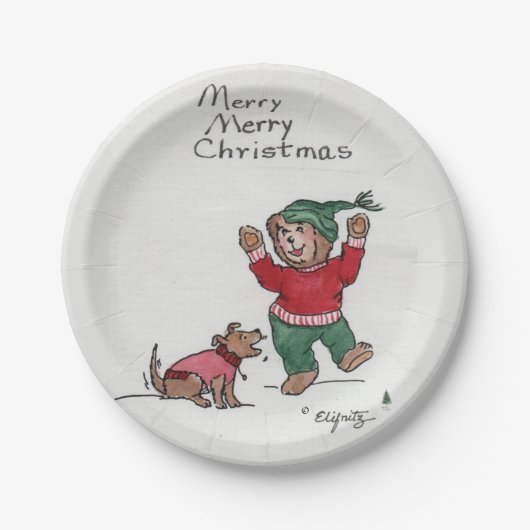 Vrolijk kerstfeest Beer Geniet van sneeuw Papieren Bordje (Voorkant)