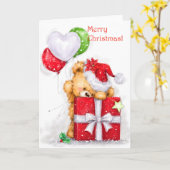 Vrolijk kerstfeest, Beer met Cadeau en ballonnen Kaart (Gele Bloem)