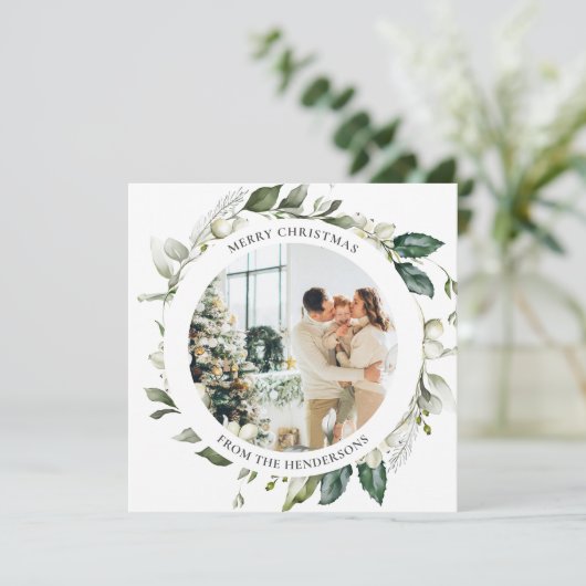 Vrolijk kerstfeest Berry Wreath Photo Holiday Kaar Feestdagenkaart (Staand voorkant)