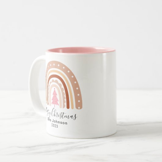 Vrolijk kerstfeest Beste leraar Overboege Regenboo Tweekleurige Koffiemok (Voorkant links)