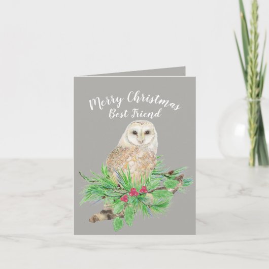 Vrolijk kerstfeest Beste Vriend Barn Owl Waterverf Feestdagen Kaart (Voorkant)