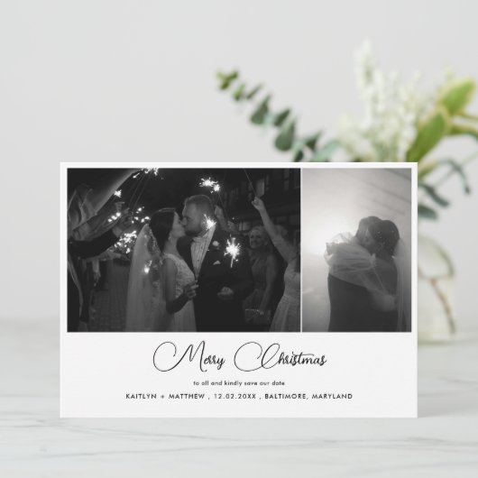 Vrolijk Kerstfeest Bewaar de datum Modern Paar Fot Feestdagenkaart (Staand voorkant)