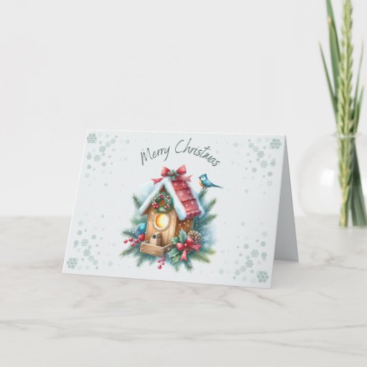 Vrolijk Kerstfeest Birdhouse Kaart (Voorkant)