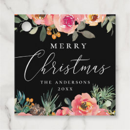 vrolijk kerstfeest | Black Floral & Pine Holiday Bedankjes Labels