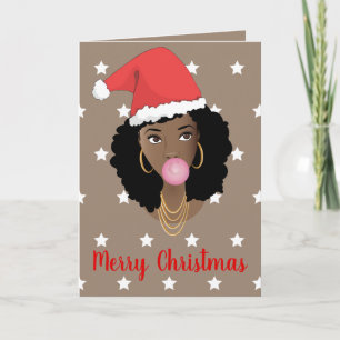 Vrolijk kerstfeest! Black Woman Santa Hat White St Kaart