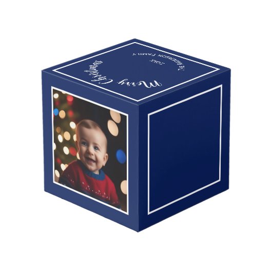 Vrolijk Kerstfeest Blauw Custom Photo Kubus (Achter hoekig)