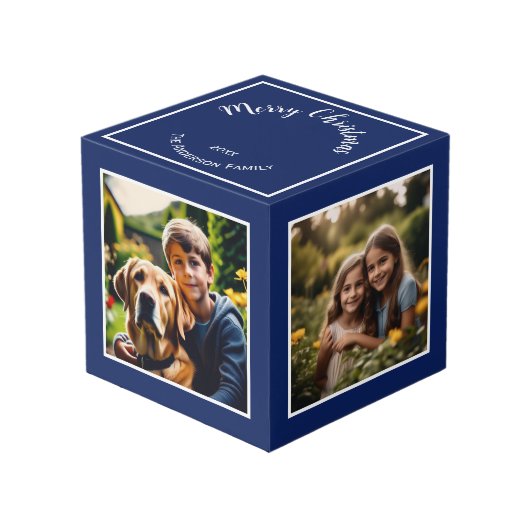 Vrolijk Kerstfeest Blauw Custom Photo Kubus (Voorkant hoekig)