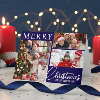 Vrolijk kerstfeest Blauw en Wit Drie foto Feestdagen Kaart