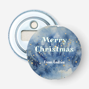 vrolijk kerstfeest blauw witte sterren waterverf g button flesopener