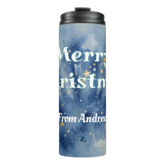 vrolijk kerstfeest blauw witte sterren waterverf g thermosbeker