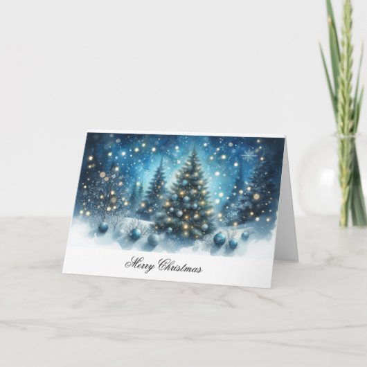 Vrolijk Kerstfeest Blauwe Bomen en Ornamenten Kaart (Voorkant)