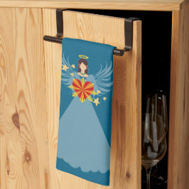 Vrolijk Kerstfeest Blauwe Engel Sterren Red Heart  Theedoek