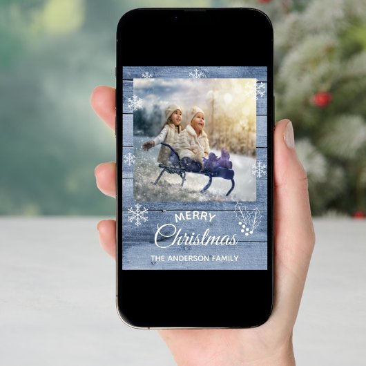 Vrolijk kerstfeest, blauwe houtfotokaart feestdagenkaart