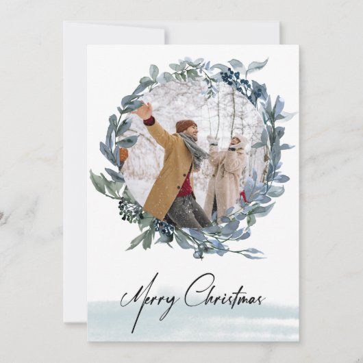 Vrolijk Kerstfeest Blauwe Krans Foto Vakantie Kaar Feestdagenkaart (Voorkant)