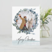 Vrolijk Kerstfeest Blauwe Krans Foto Vakantie Kaar Feestdagenkaart (Staand voorkant)