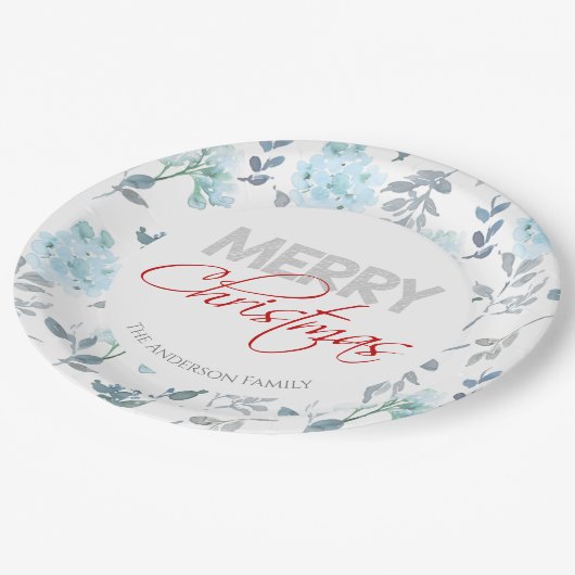 Vrolijk kerstfeest | Blauwe Waterverf Floral Papieren Bordje (Gekanteld)