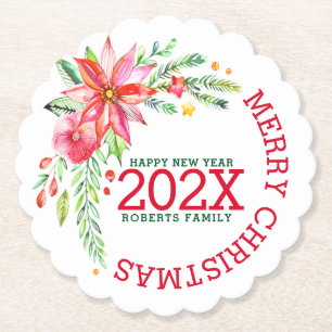 Vrolijk Kerstfeest Bloemen Boeket Gelukkig Nieuwja Kartonnen Onderzetters