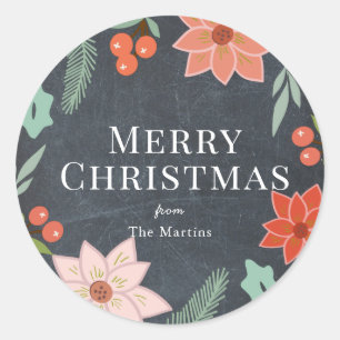 Vrolijk Kerstfeest Bloemen Chalkboard Vakantie Ronde Sticker
