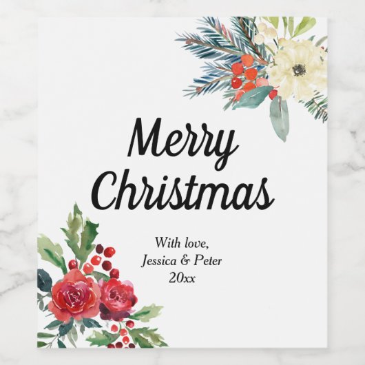 Vrolijk Kerstfeest Bloemen rode bessen Wijn Etiket (Enkel label)