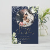 Vrolijk Kerstfeest Bloemen Sneeuw Goud en Blauw Fo Feestdagenkaart (Staand voorkant)