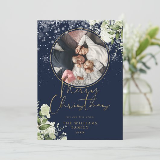 Vrolijk Kerstfeest Bloemen Sneeuw Goud en Blauw Fo Feestdagenkaart (Staand voorkant)