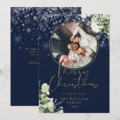 Vrolijk Kerstfeest Bloemen Sneeuw Goud en Blauw Fo Feestdagenkaart (Voorkant / Achterkant)