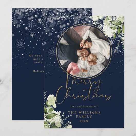 Vrolijk Kerstfeest Bloemen Sneeuw Goud en Blauw Fo Feestdagenkaart (Voorkant / Achterkant)